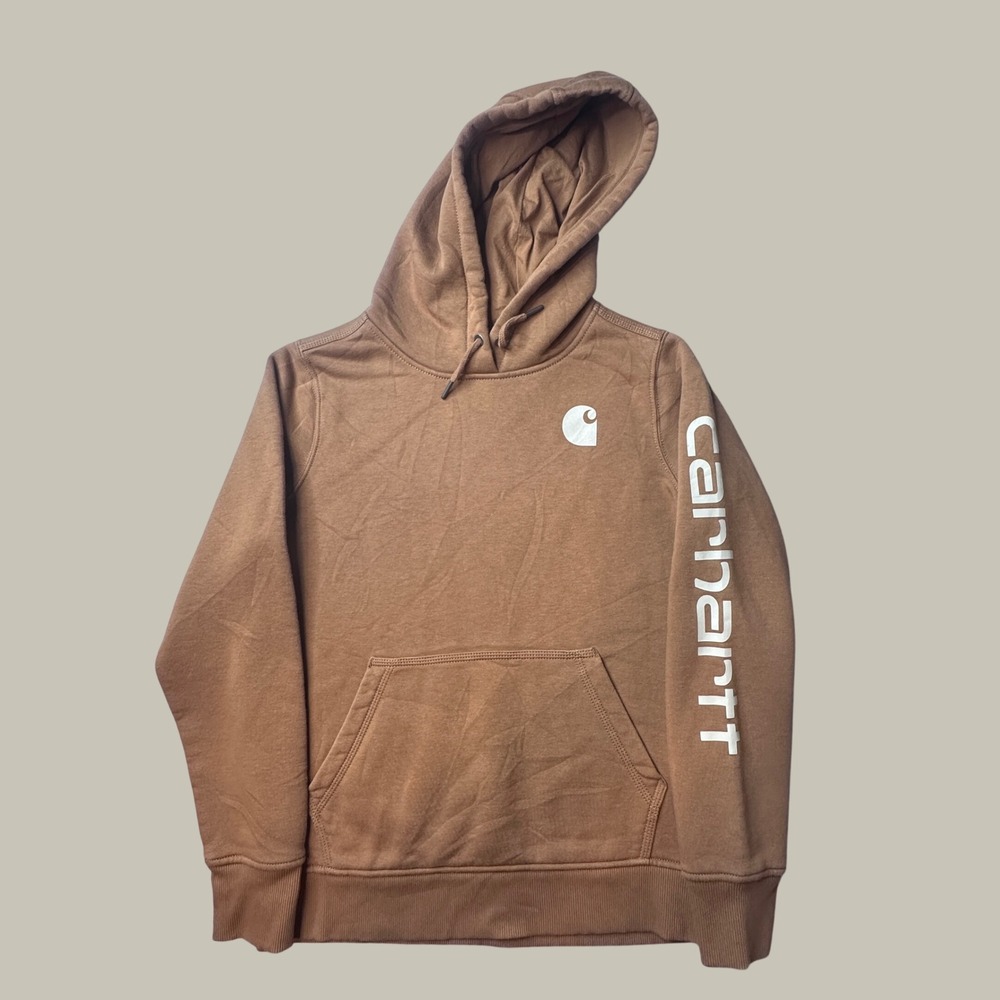 Carhartt Hoodie Womens S TS0288-W Relaxed Fit Brown Graphic Sleeve Pullover
